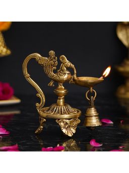 eCraftIndia - Golden Peacock Brass Showpiece with Diya Stand with Bell