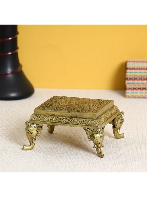 eCraftIndia Golden Swastik Design Handcrafted Brass Pooja Chowki