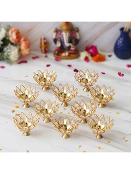 eCraftIndia - Lotus Shape Crystal Golden Brass Diyas (Set Of 10)