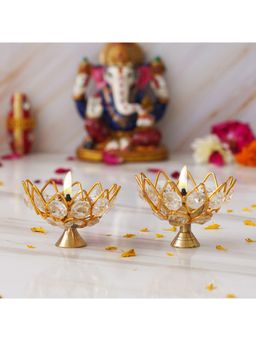 eCraftIndia - Lotus Shape Crystal Golden Brass Diyas (Set Of 2)