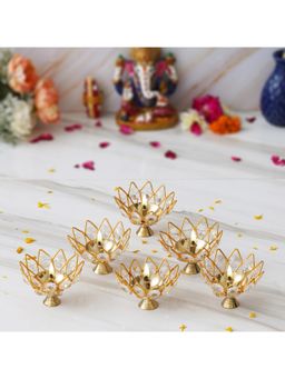 eCraftIndia - Lotus Shape Crystal Golden Brass Diyas (Set Of 6)