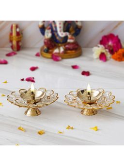 eCraftIndia - Golden Flower Shape Crystal Brass Diyas (Set Of 2)