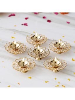 eCraftIndia - Golden Flower Shape Crystal Brass Diyas (Set Of 6)