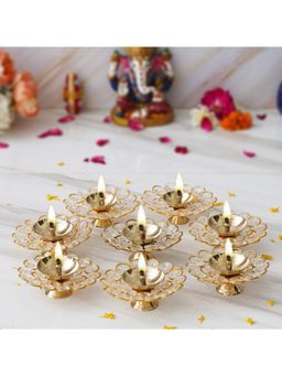 eCraftIndia - Golden Flower Shape Crystal Brass Diyas (Set Of 8)