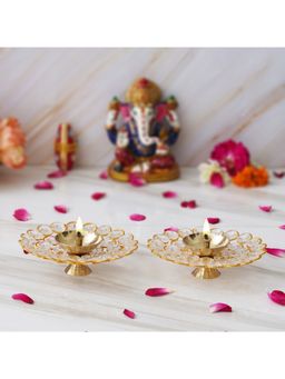 eCraftIndia - Golden Flower Shape Decorative Crystal Brass Diyas (Set Of 2)