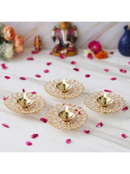 eCraftIndia - Golden Flower Shape Decorative Crystal Brass Diyas (Set Of 4)