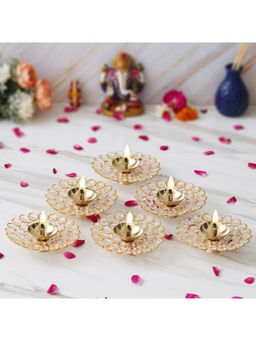 eCraftIndia - Golden Flower Shape Decorative Crystal Brass Diyas (Set Of 6)