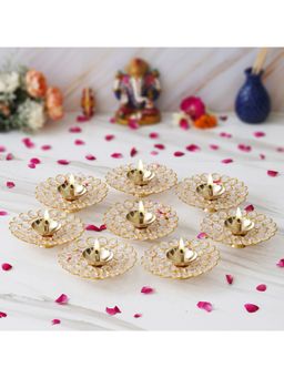 eCraftIndia - Golden Flower Shape Decorative Crystal Brass Diyas (Set Of 8)