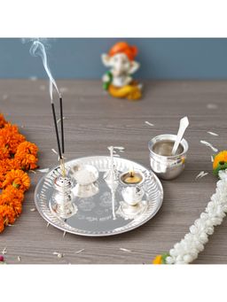 eCraftIndia - Silver Pooja Thali with Diya, Ghanti, Kalash, Spoon, Agarbatti Stand, Bowl