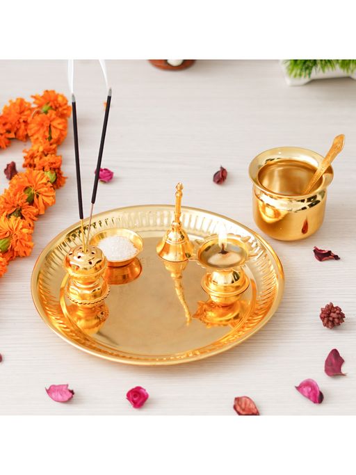 eCraftIndia Gold Pooja Thali with Diya, Ghanti, Kalash, Spoon, Agarbatti Stand, Bowl