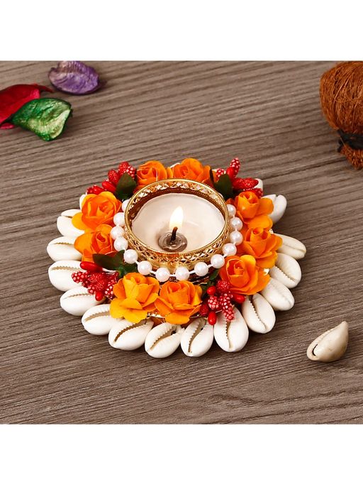 eCraftIndia Shells and Floral Design Round Tea Light Candle Holder