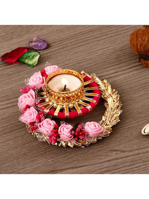 eCraftIndia Pink and Red Roses Floral Decorative Tea Light Holder