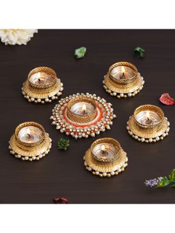 eCraftIndia - Diamond Beads and Pearls Tea Light Candle Holders (Set Of 6)