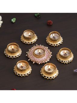 eCraftIndia - Diamond Beads and Pearls Tea Light Candle Holders (Set Of 7)
