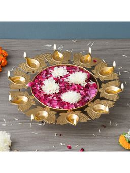 eCraftIndia - Golden Metal Designer Urli with 10 Lotus Shape Diyas