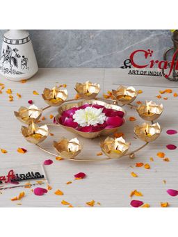 eCraftIndia - Golden Metal 9 Lotus Diya Shape Decorative Urli Bowl