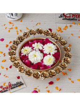 eCraftIndia - Golden Metal Floral Urli with 18 Rose Flowers Border