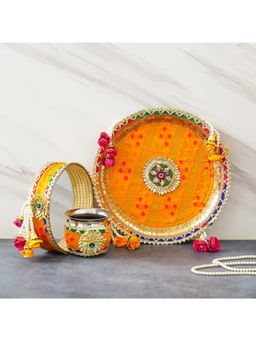 eCraftIndia - Yellow Karwa Chauth Pooja Thali with Plate, Chalni, Lota & Chunri
