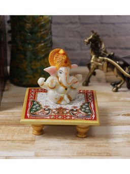 eCraftIndia - Polyresin Lord Ganesha Idol with Crown On Peacock Design Chowki
