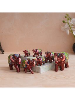 eCraftIndia - Maroon Handcrafted Elephant Statues (Set Of 7)