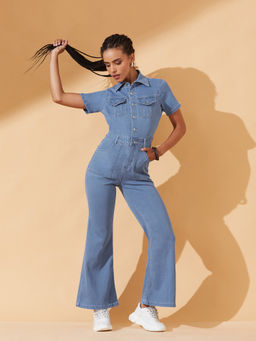DOLCE CRUDO - Women's Light Blue Flared Regular Length Stretchable Denim Jumpsuit