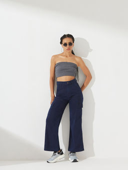 DOLCE CRUDO - Women's Navy Blue Wide leg Clean Look Stretchable Cargo Denim Jeans