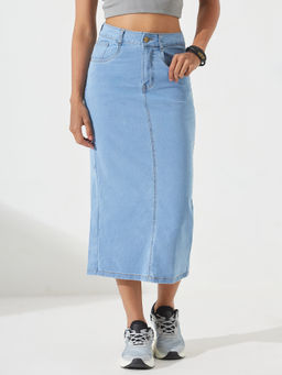 DOLCE CRUDO - Women Light Blue Straight Clean Look Stretchable Denim Skirt