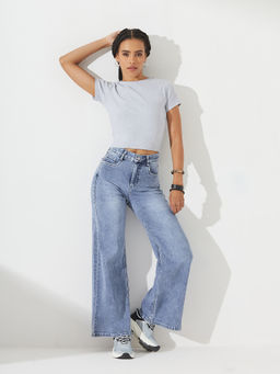 DOLCE CRUDO - Women's Light Blue Regular-Length Stretchable Denim Wide Leg Jeans