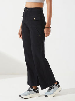 DOLCE CRUDO - Women's Black flared High rise Clean look Regular Stretchable Denim Jeans