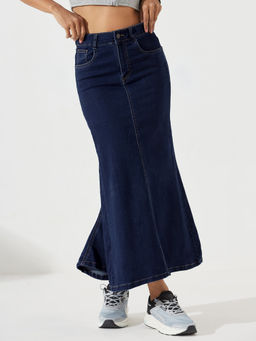 DOLCE CRUDO - Women Dark Blue Flared Clean-Look Stretchable Denim Skirt