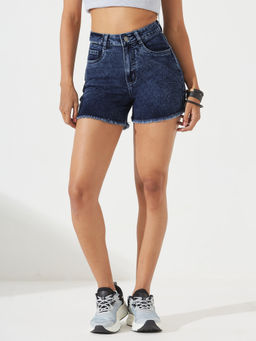 DOLCE CRUDO - Women Navy Blue Relaxed Fit Regular Length Stretchable Denim Shorts
