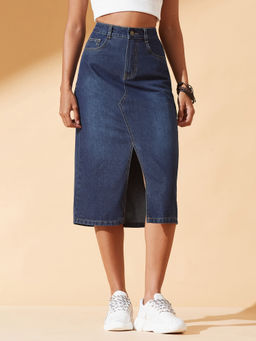 DOLCE CRUDO - Women Dark Blue A-Line Clean-Look Non-stretchable Denim Skirt