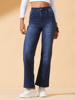 DOLCE CRUDO - Women's Navy Blue Clean-Look Regular-Length Stretchable Denim Jeans