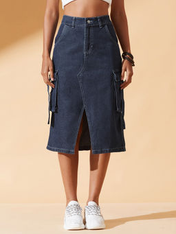 DOLCE CRUDO - Women Blue Straight High Rise Clean Look Denim Skirt