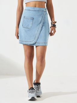 DOLCE CRUDO - Women Light Blue Regular Clean look Above Knee Stretchable Denim Skirt