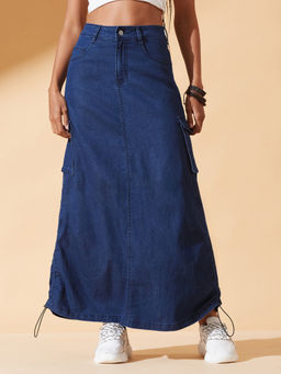 DOLCE CRUDO - Women Navy Blue Baggy Clean Look Stretchable Denim Skirt
