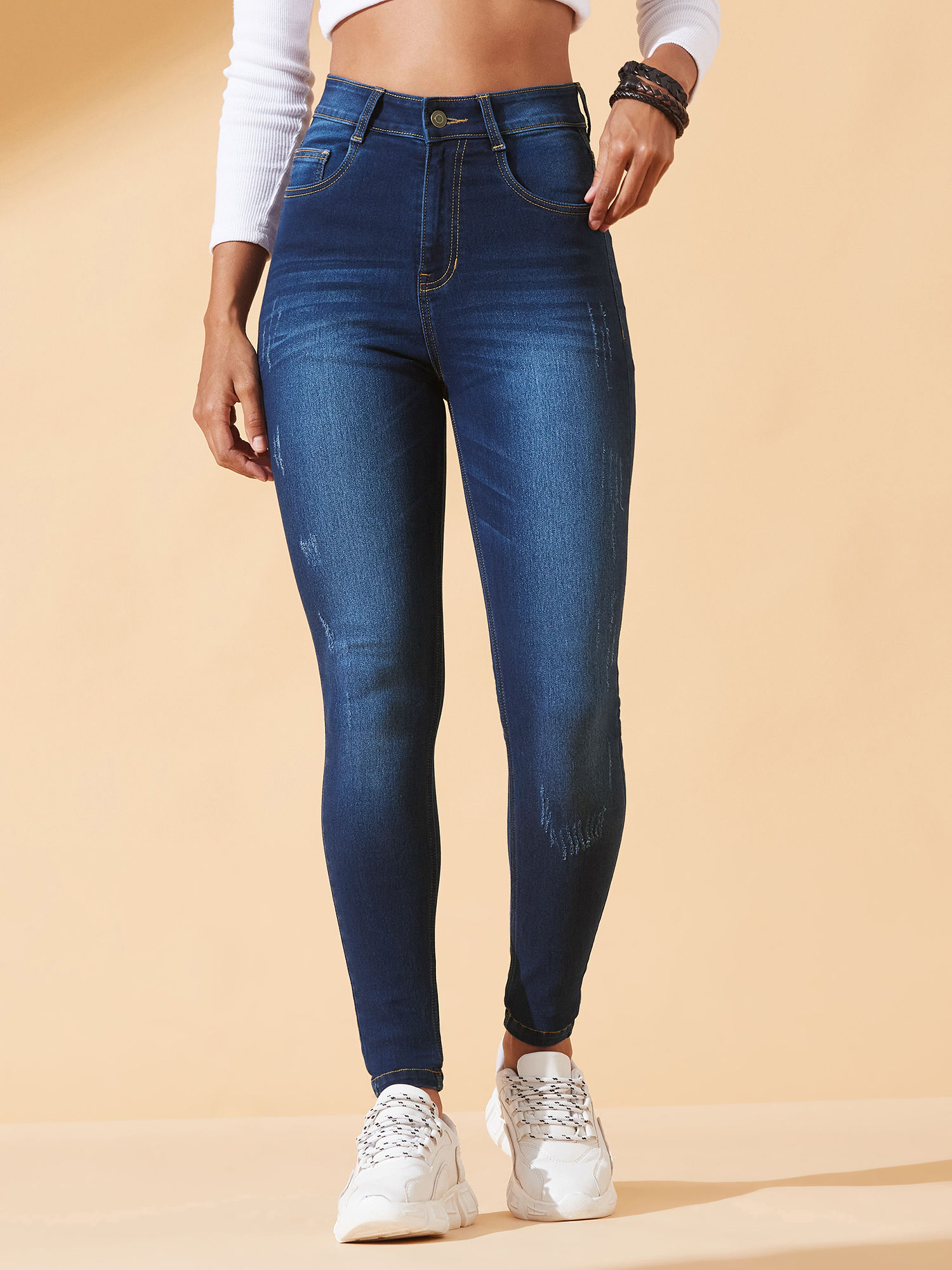 dolce crudo Women's High-Rise Navy Blue Skinny Jeans with Mild Distress-picture-43