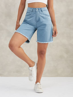 DOLCE CRUDO - Women Light Blue Clean Look Above Knee Stretchable Denim Shorts