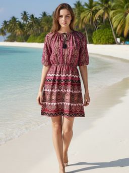 Sera - Women Pink Polyester Abstract Flared Dress