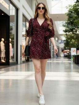 Sera - Women Burgundy Polyester Animal Print Flared Dress