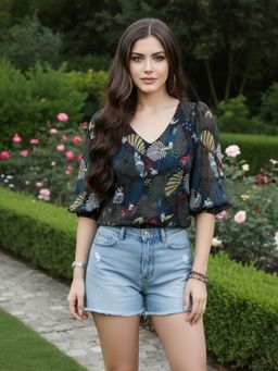 Sera - Black Tropical V-Neck Crop Top