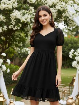 Sera - Women Black Polyester Textured Flared Dress