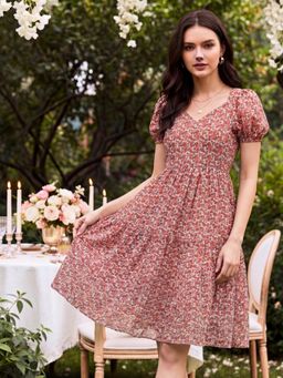 Sera - Women Pink Cotton Floral Flared Dress