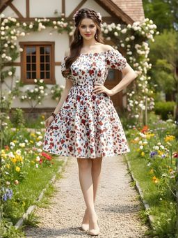 Sera - Women White Polyester Floral Flared Dress