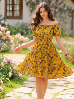 Sera - Women Yellow Polyester Floral Flared Dress