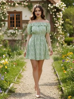 Sera - Women Green Polyester Floral Flared Dress