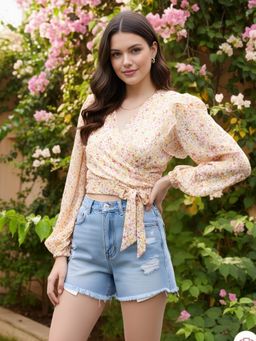 Sera - Off White Floral Wrap Crop Top