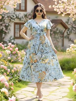 Sera - Women Blue Viscose Rayon Floral Flared Dress