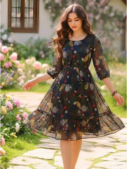 Sera - Women Black Polyester Abstract Flared Knee Length Dress