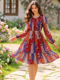 Sera - Women Multi-Color Polyester Geometric Flared Knee Length Dress
